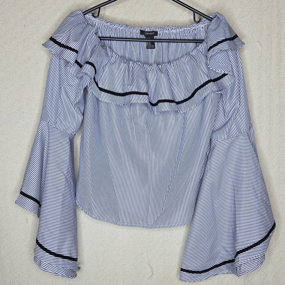 Forever 21 Navy and White Striped Off-Shoulder Blouse